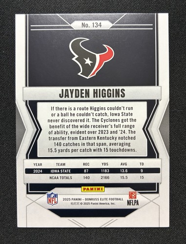 2025 Donruss Elite Status Metallic Orange Jayden Higgins RC #134 75/849 - Picture 2 of 2