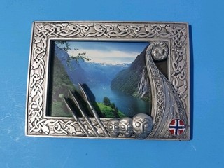 Pewter Picture Frame Norwegian Viking Ship Hand Painted Norway Flag