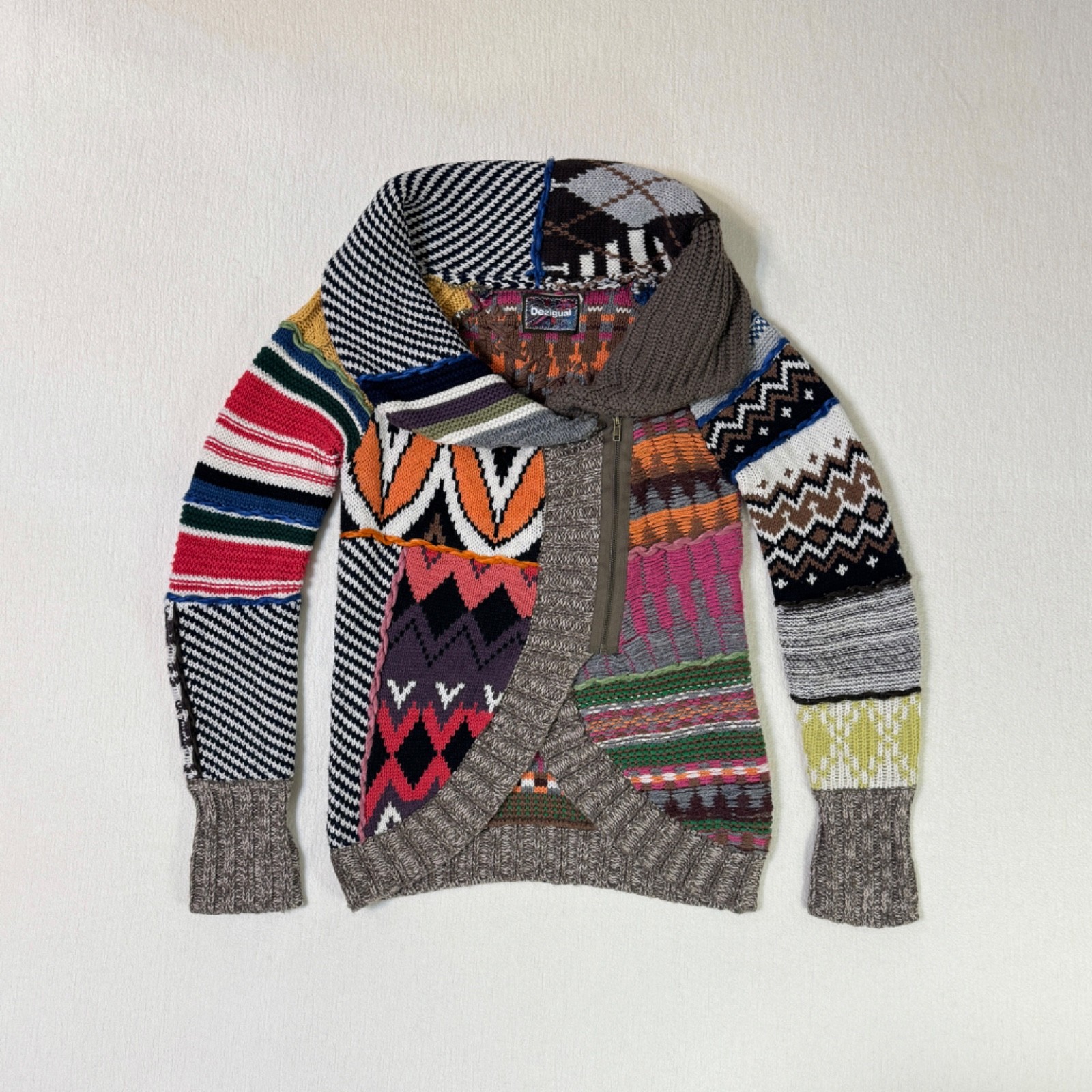 Desigual Multicolor Patchwork Geometric Knit Zip … - image 1