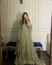 Indian Designer Heavy Georgette Sage Green Top Palazzo With Dupatta For Function