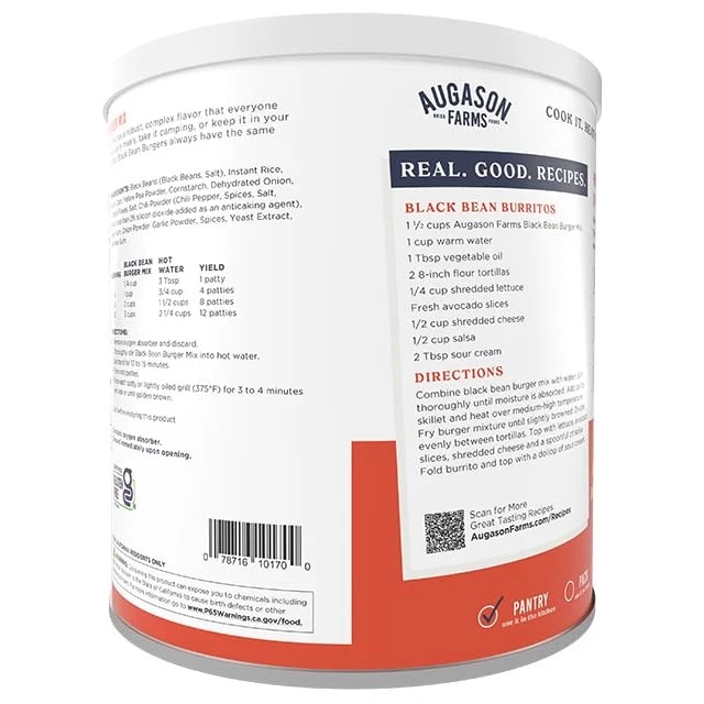 Hamburguesa de frijoles negros sin gluten Augason Farms 2 libras 14 oz No. 10 latas Foto 2 de 4