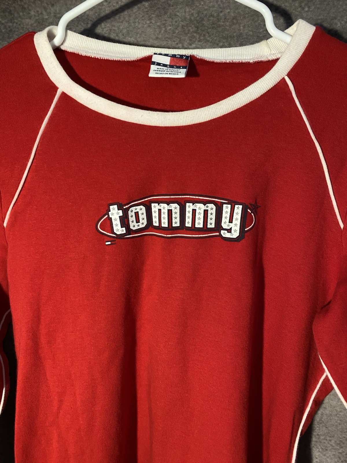 Vtg Y2K Tommy Girl Jeans Red Long Sleeve Ringer Tee Star Font Raglan Shirt XL image 3