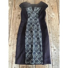 Navy Blue Cap Sleeve Sheath Dress with Lace Scrollwork Panel Cocktail Party