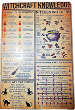 Witchcraft Knowledge 8x12 Tin Sign Candles, Cats, Brooms, Witches Ladder