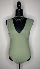 Free People Keep It Sleek Green Thong Bodysuit Plunge Neck Womens Large FP181214