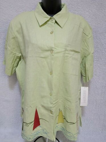 AKC Womens Shirt Top Blouse Size 2X Multicolor Sailboat Linen