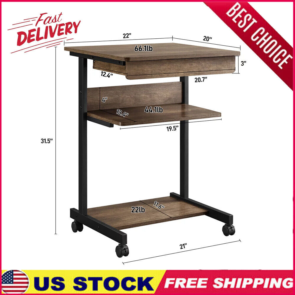 Taupe MDF Rolling Computer Desk with 2 Shelves & Drawer Metal Plastic Design New-image
