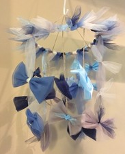 Baby Shower Gift Handmade Pom Pom Bow Tulle Mobile Decor Nursery Rustic Decor