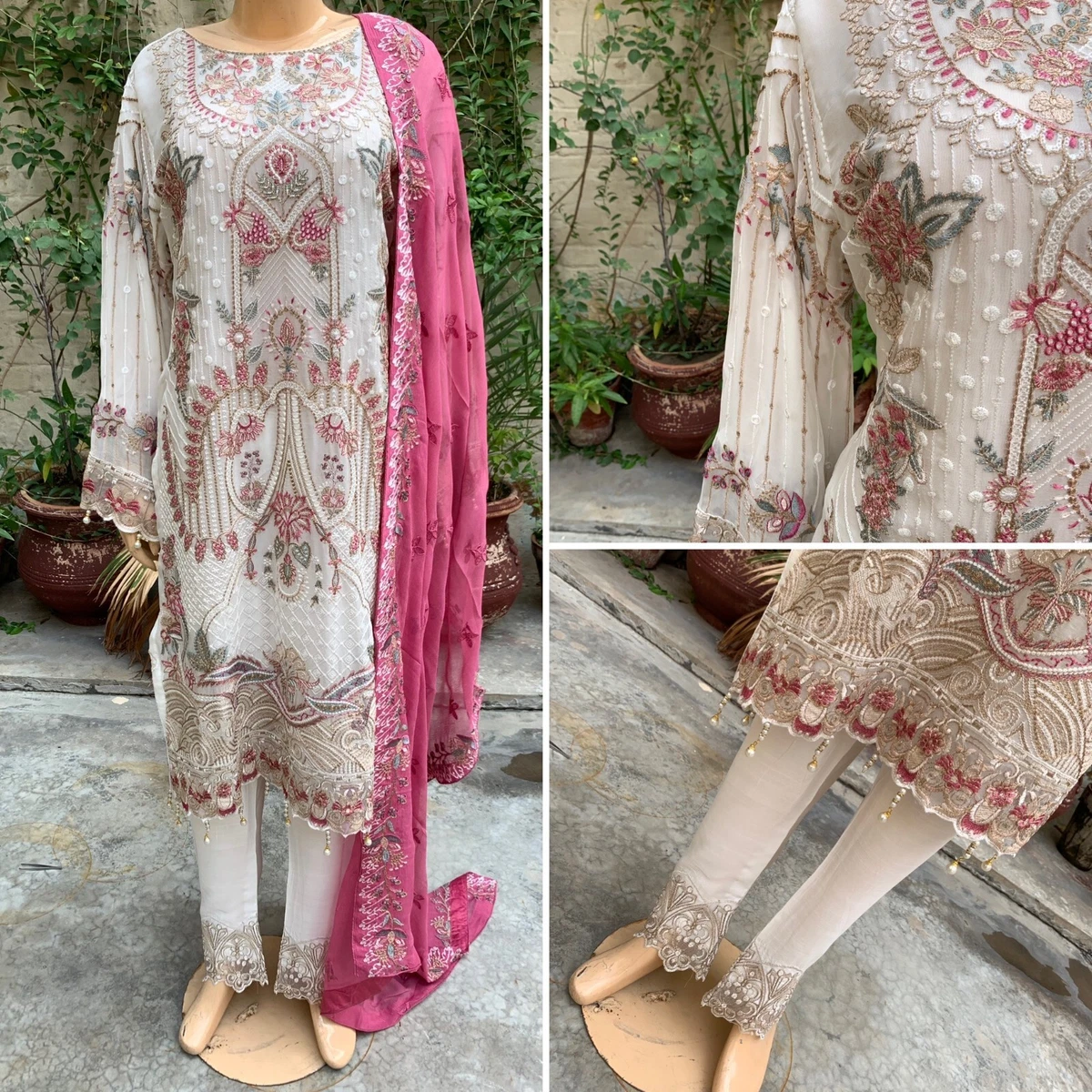 Pakistani Off White Straight Style Embroidered Sequins 3pcs