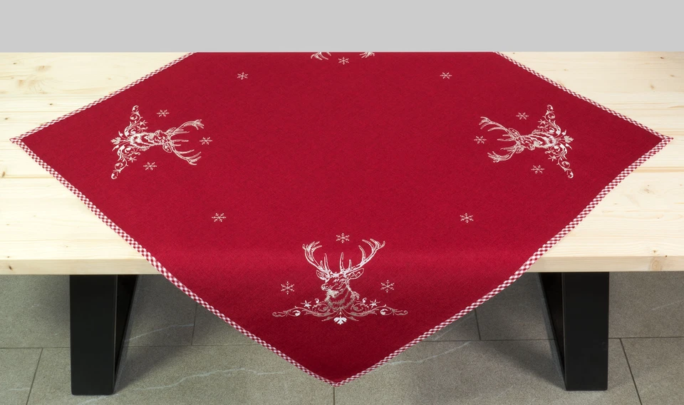 Tischdecke Weihnachten Rot 85 x 85 Mitteldecke Landhaus Bestickt Hossner Hirsch - Bild 4 von 4