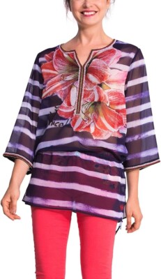 Haut chemisier tunique femme Desigual à fleurs violet avec détails