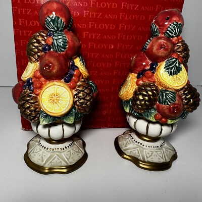 Fitz and Floyd Winter Spice Holiday Salt & Pepper Fruit Topiary Shakers Set NIB!