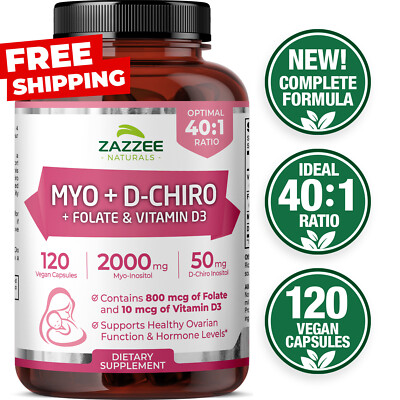 Zazzee Myo-Inositol + D-Chiro, with Folate (5-MTHF) + D3, 120 Vegan Capsules