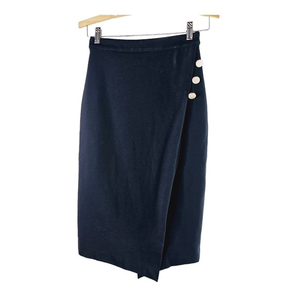 OXFORD women's faux wrap midi skirt black size 6 pencil buttons stretch