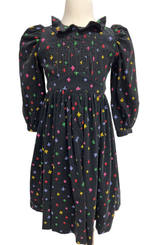 Vintage Mousefeathers Girl's Black Multicolor Spear Print Corduroy Dress Size 6X - Picture 1 of 12
