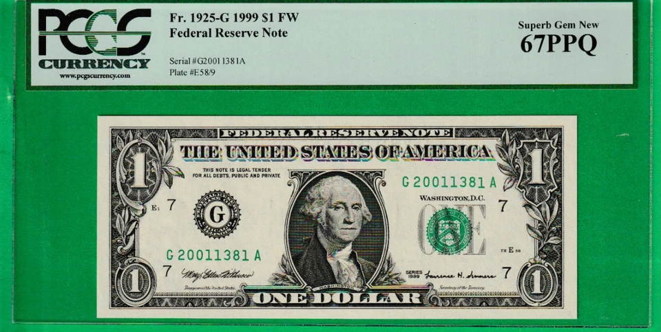 1999 $1 Federal Reserve note BIRTH YEAR Serial Numbers "" 2001 "" 1381 PCGS 67 - Image 2 of 3