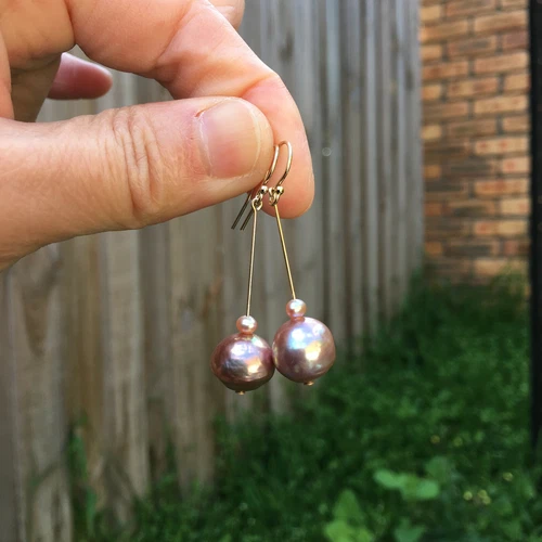 E210 Baroque 11-12mm pearl Natural amazing Gold-Purple 14KGF earring AAAALUSTER  - Picture 7 of 12