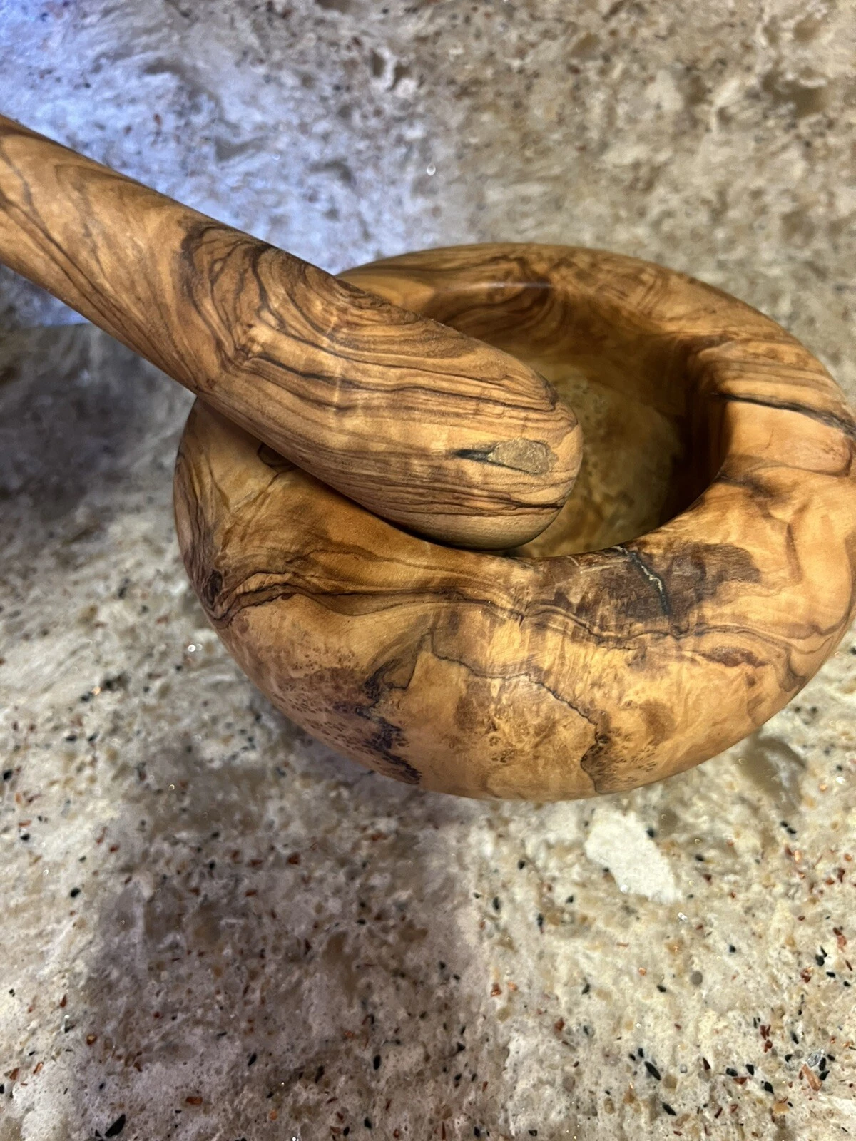 Mediterranean Olive Wood Hand Crafted Mortar & Pestle Rustic Farmhouse EUC
