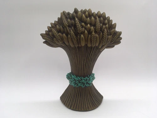 VTG '92 Antiqued Cast Iron Sheaf of Wheat Door Stop or Door Porter Goldtone Aqua