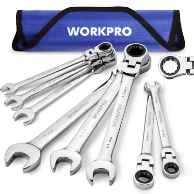 #ad WORKPRO 8 pc Flex Head Ratcheting Combination Wrench Set Metric 8 17mm 72 Teeth $48.99