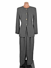 Vintage 90s Cache Black Silver Pinstripe Rhinestone 6 Suit Longline Jacket sz 6