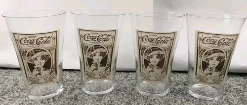Set of 4 Vintage Coca-Cola Flared Glass 16 Oz Drinking Cups Victorian Lady Print