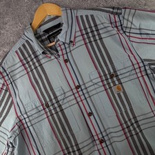 Carhartt Shirt Light Blue Plaid Mens L Button Up Loose Fit Short Sleeve Casual