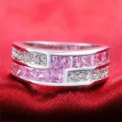 3Ct Princess Cut Lab-Created Pink Sapphire Full Band Ring 14K White Gold Plated
