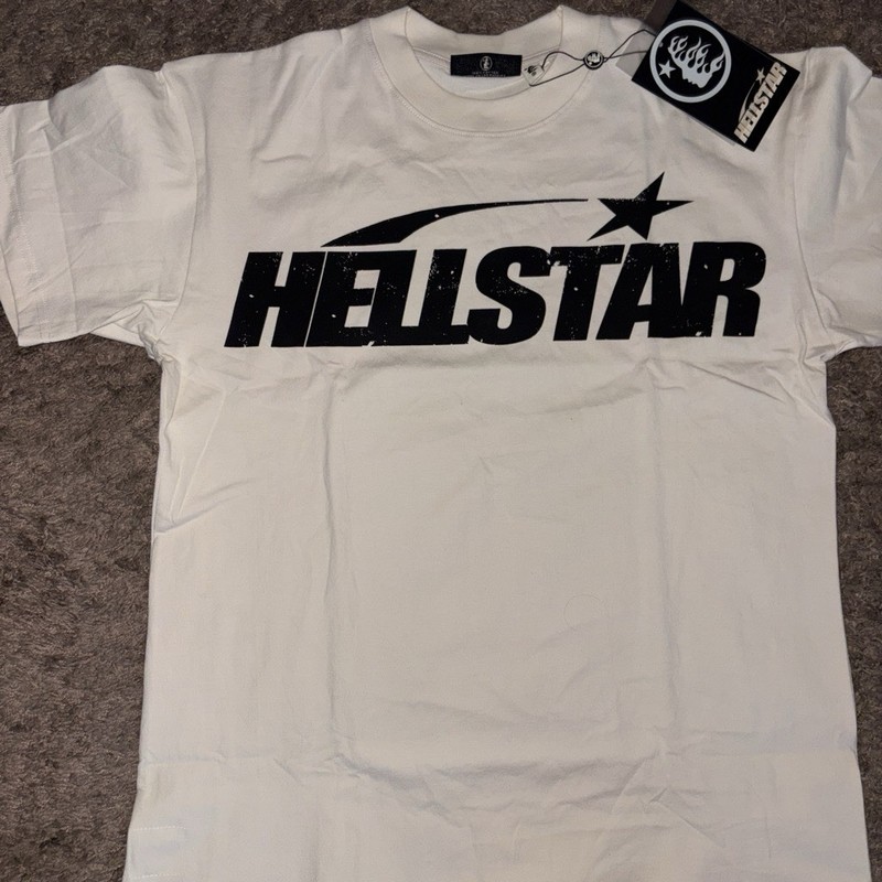 HELLSTAR White/Black Logo Graphic Print Cotton Crew Neck Short Sleeve Tee Sz 10