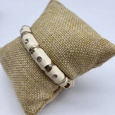 Fun Vintage Cream Enamel Rhinestone bangle bracelet hinged Easter Mother