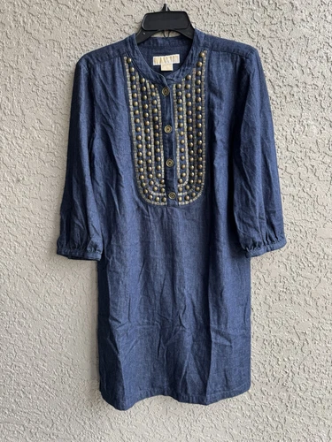 Abito donna Michael Kors blu chambray bordo bronzo impreziosito da perline taglia L