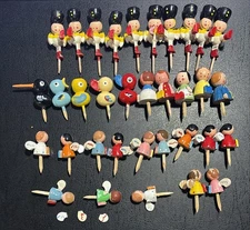Vintage LOT of 34 Wooden Italy Cake Topper Picks Angel Animals Marching Soldiers