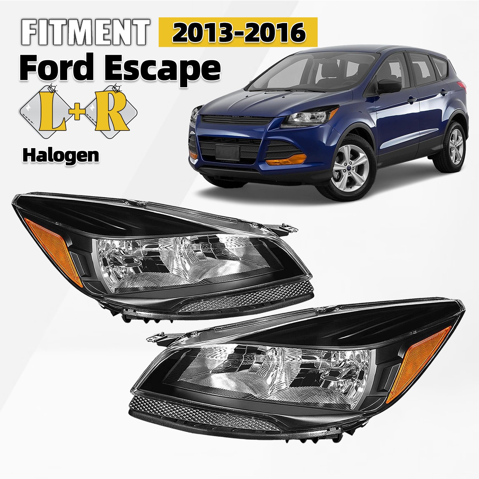 For 2013-2016 Ford Escape Halogen Headlight w/Black Housing w/Bulb Left+Right