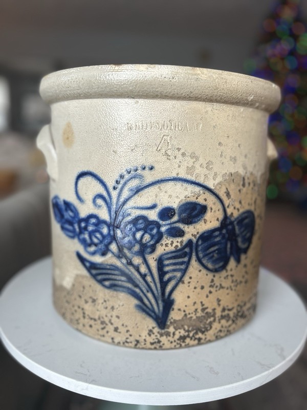 Salt-glazed stoneware crock w/ cobalt blue floral decor by Whites of Utica, N.Y.