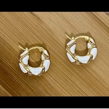 New White Enamel Cubic Zirconia Embellishment Small Hoop Gold Plated Earrings