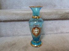 Vecchio Murano Venetian Teal Blue Bud Vase Gold with Enamel Flower 9.5" LHE