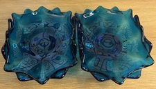 Pair of Vintage Viking Glass Dark Blue Double Crimped Edge Folded Bowl Dish