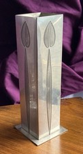 Charles Rennie Mackintosh Style Pewter Vase. Height 15.5cm. Good Condition