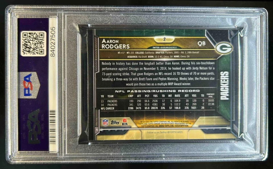 2015 Topps Chrome Mini Aaron Rodgers Blue Refractor #2 Packers PSA 10 - Image 2 of 2