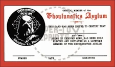 GHOULUNATICS ASYLUM MEMBERSHIP CARD - VINTAGE REPRINT