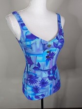 Vintage 90s Floral One Piece Swimsuit Small Blue Henley Button S2 High Leg