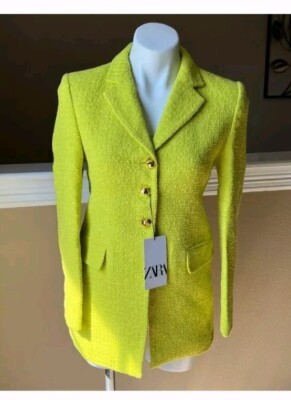 ZARA TEXTURED WEAVE BLAZER LONG JACKET And LIME GREEN 2813/469  M MSPR 129
