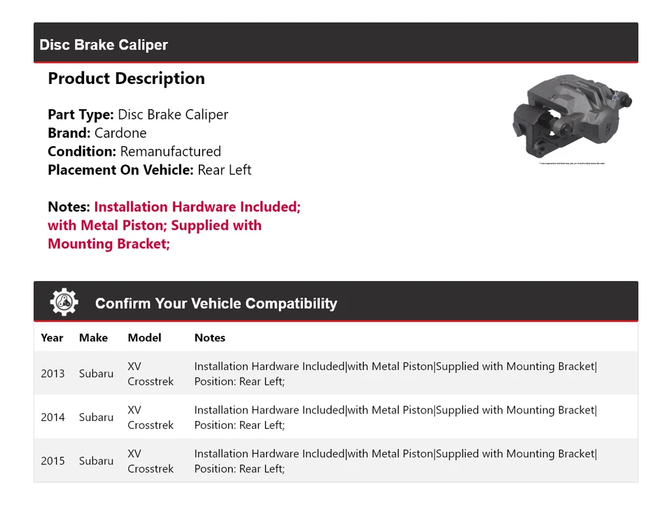 Pinza de freno de disco trasera izquierda Cardone 2014 para Subaru XV Crosstrek 2013-2015 Foto 2 de 4