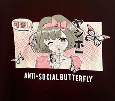 Cute Anime Girl Anti-Social Butterfly Graphic T-Shirt Adult Unisex Size L