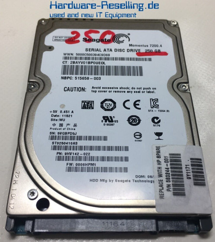 Seagate HP Momentus SATA 250GB 2,5 7K2 3G 16MB ST9250410AS 583244-001 9HV142-022
