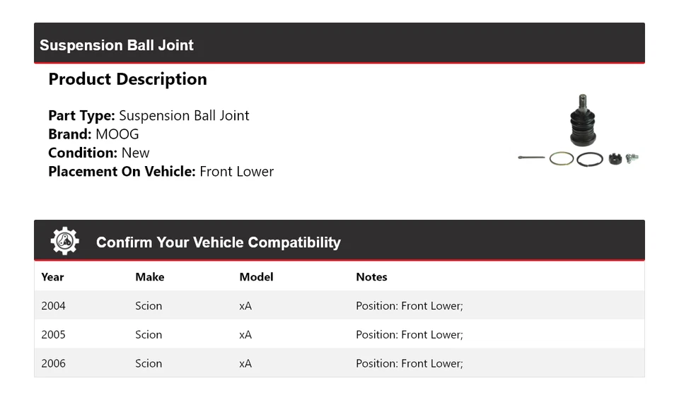 Rótula de suspensión delantera inferior MOOG 2004 2005 2006 para Scion xA 2004-2006 Foto 2 de 4