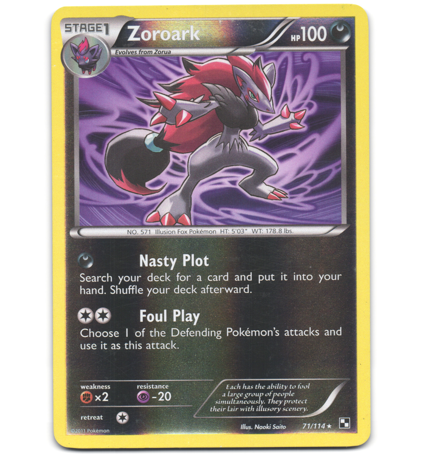 Pokemon 2011 Moderate Play Zoroark Black & White REVERSE 71/114 Card