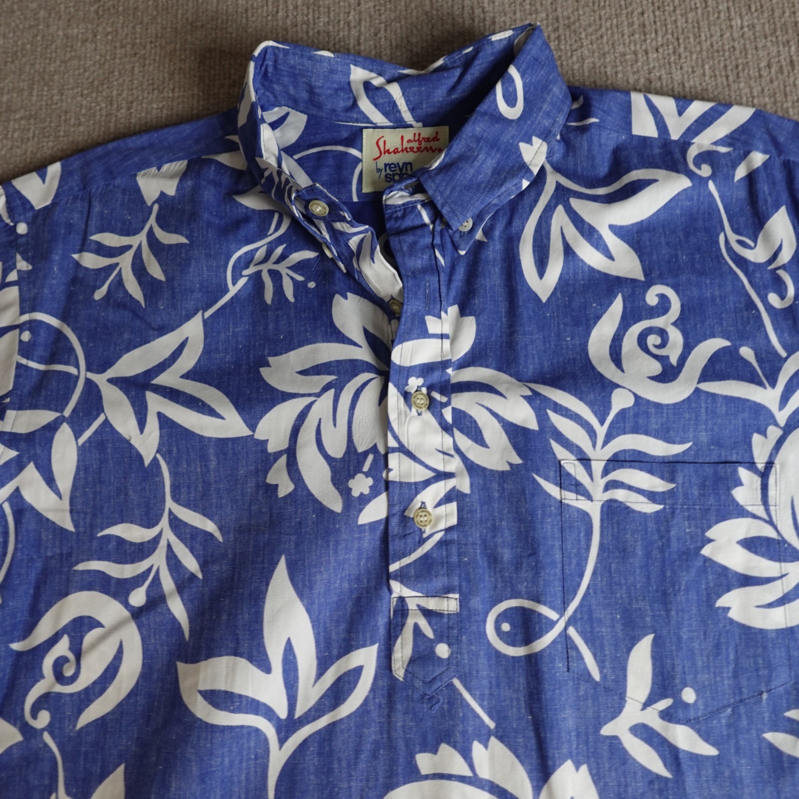 Reyn Spooner Shirt XL Blue Alfred Shaheen Cotton Reverse Print Popover