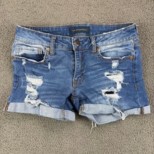 Aeropostale Womens Blue Distressed Midi Denim Shorts Size 4 Cuffed Ripped Cutoff