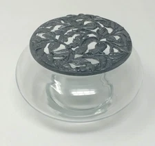 Glass Potpourri Jar with Metal Silver Tone/Pewter Lid Decorative Leaf Design